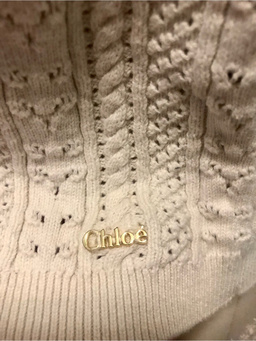 Chloé Cream Cable Knit Sweater with Gold Logo Pin